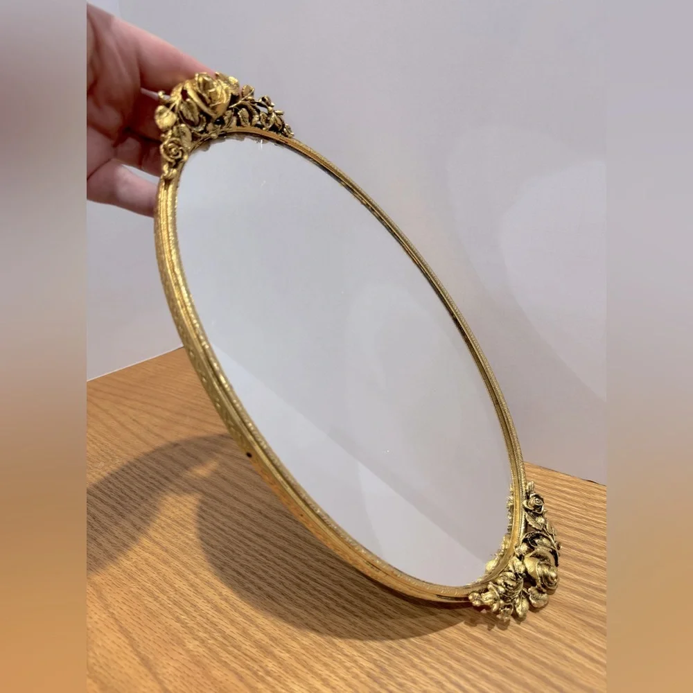 Gold Metal Vanity Tray Set with Jewelry Stand and Mirrored Tray